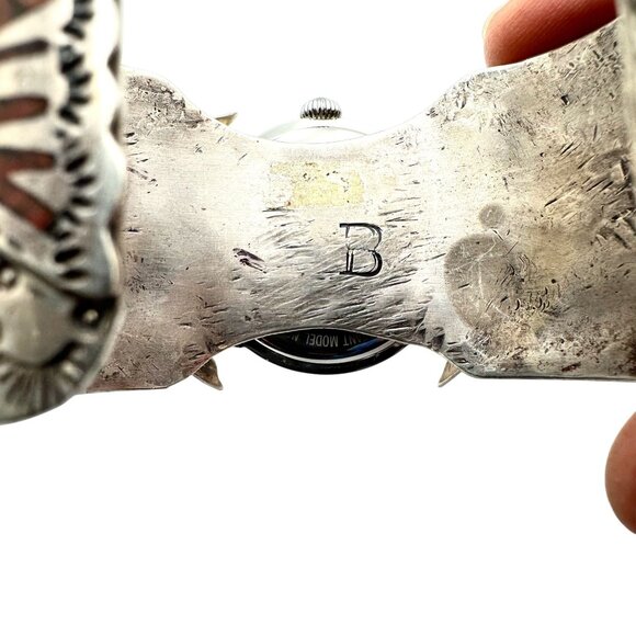 Native American Peyote Bird Coral Turquoise Sterling Silver Watch Cuff 133 Grams - Picture 6 of 9